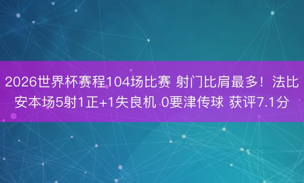 2026世界杯赛程104场比赛 射门比肩最多!法比安本场5射1正+1失良机 0要津传球 获评7.1分